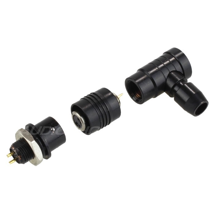 Connecteur aviation XS6 G 90° verouillable 2 pôles plaqué Or 250V 3A Noir Ø4mm