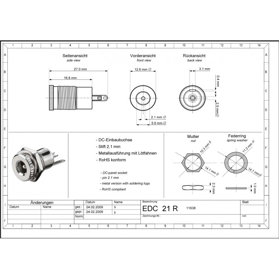 Barrel Connector Panel Jack DC 5.5mm 2.1mm central installation
