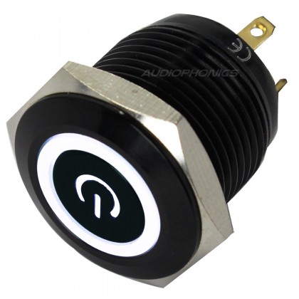 Bouton Poussoir Aluminium Anodisé avec Symbole Power Lumineux Blanc 250V 5A Ø16mm Noir