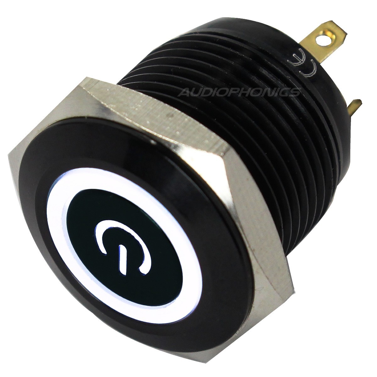 Bouton Poussoir Aluminium Anodisé avec Symbole Power Lumineux Blanc 1NO 250V 5A Ø16mm Noir