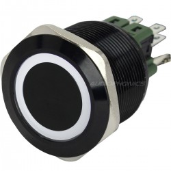 Bouton Poussoir Aluminium Anodisé avec Cercle Lumineux Blanc 1NO1NC 250V 5A Ø25mm Noir Tête biseautée