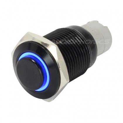 Bouton Poussoir Aluminium Anodisé avec Cercle Lumineux Bleu 250V 3A Ø16mm Noir