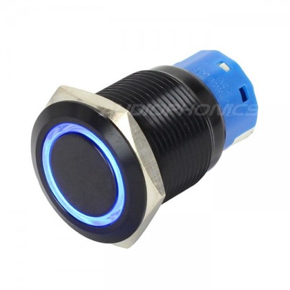 Bouton Poussoir Aluminium Anodisé avec Cercle Lumineux Bleu 250V 5A Ø19mm Noir