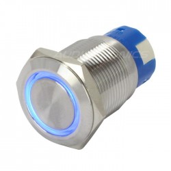 Interrupteur Inox avec Cercle Lumineux Bleu 1NO1NC 250V 5A Ø19mm Argent