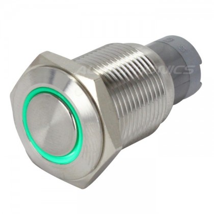 Switch button Stainless green ring 250V 3A Ø16mm