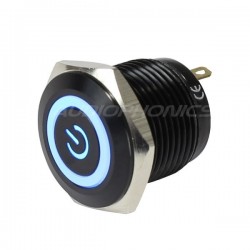 Bouton Poussoir Aluminium Anodisé avec Symbole Power Lumineux Bleu 1NO 36V 2A Ø16mm Noir