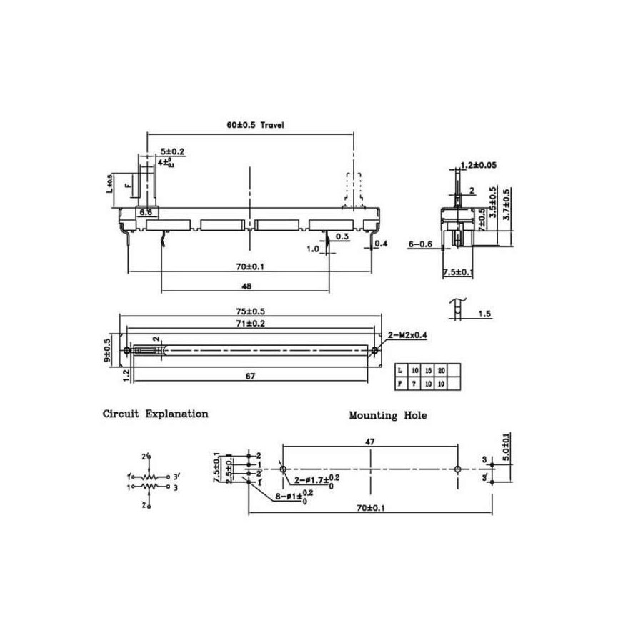 Stereo Linear Slide Potentiometer 60mm 10KOhm - Audiophonics