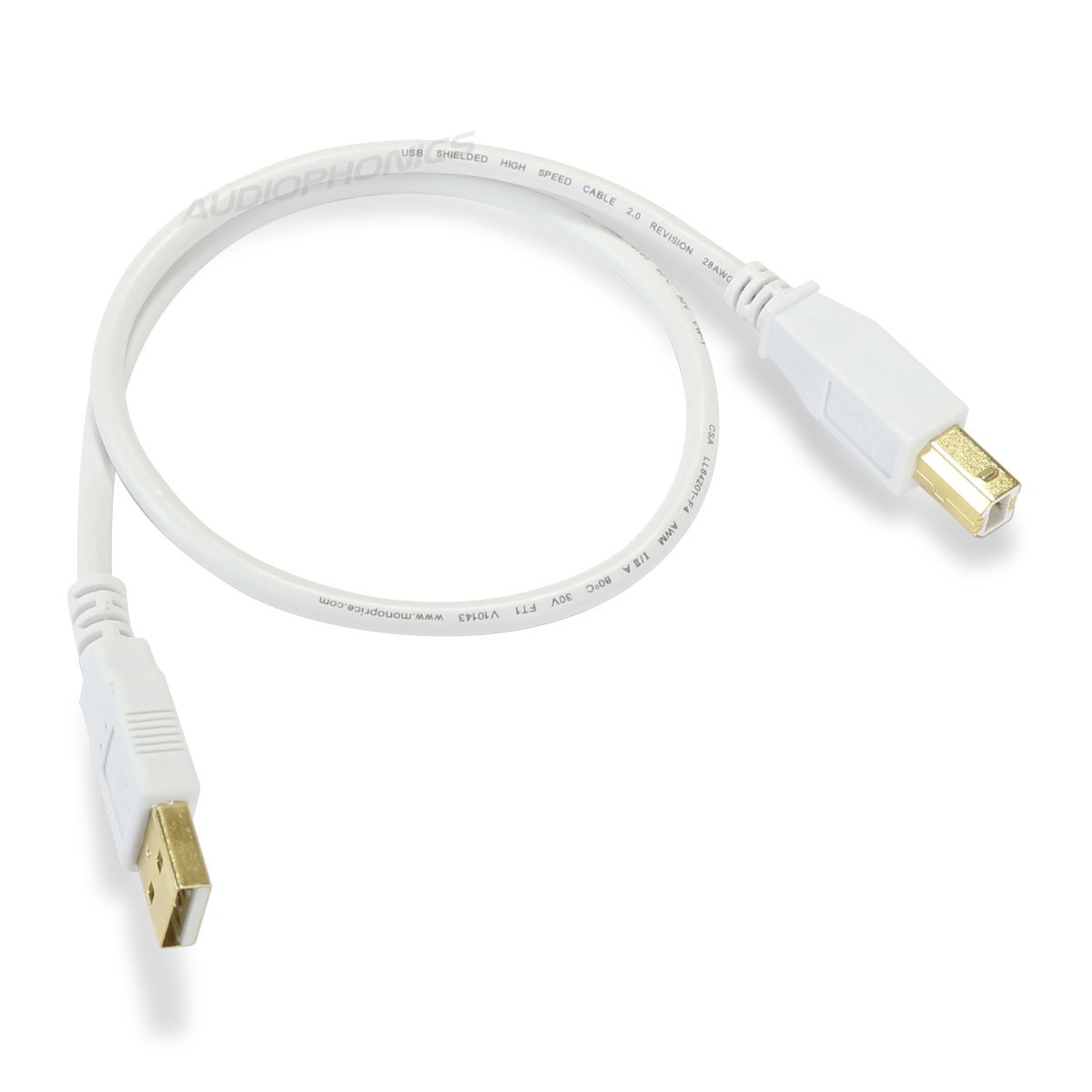 USB-A Male / USB-B Male 2.0 Cable Gold Plated Connectors 0.45m White