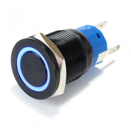 Bouton Poussoir Aluminium Anodisé avec Cercle Lumineux Bleu 250V 5A Ø19mm Noir