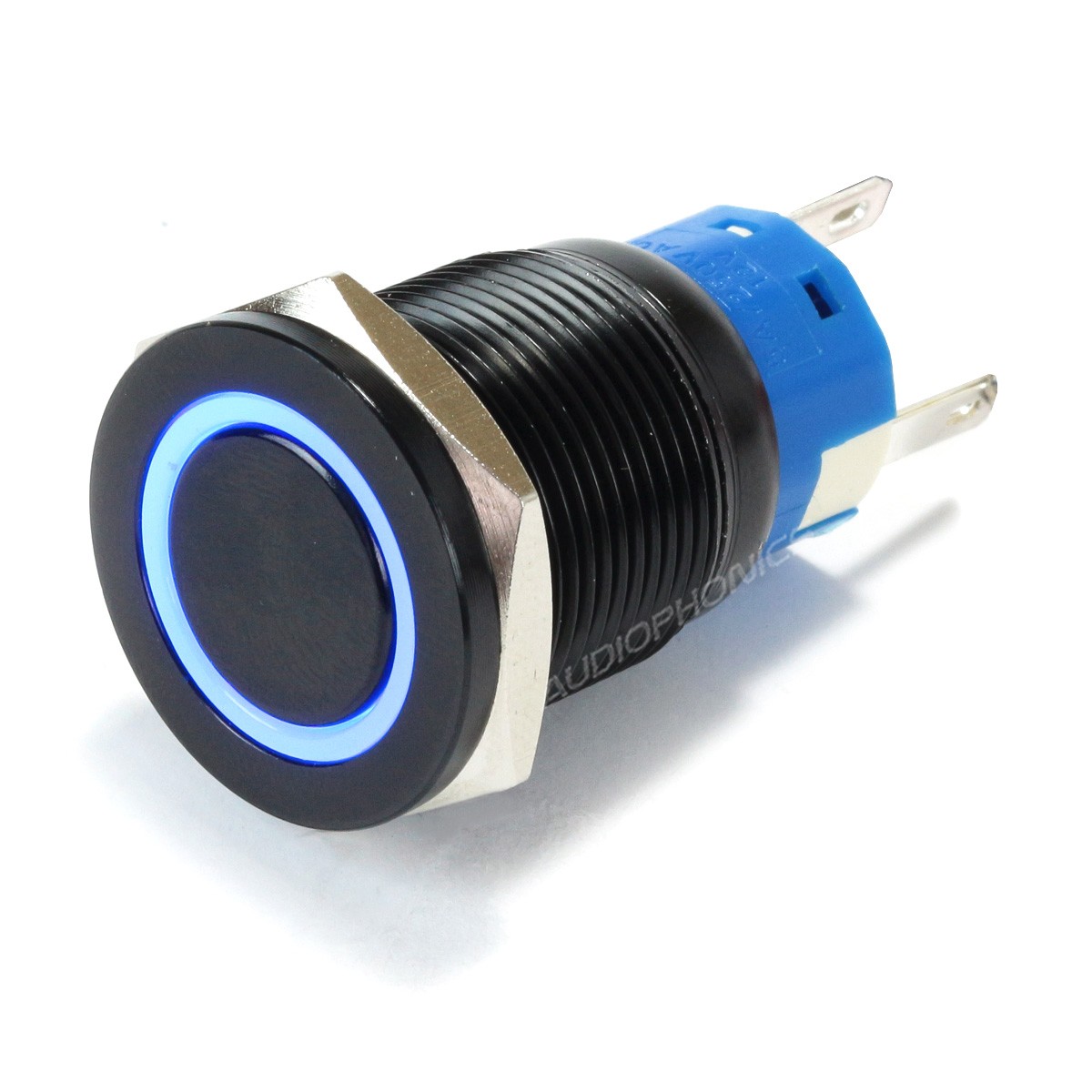 Bouton Poussoir Aluminium Anodisé avec Cercle Lumineux Bleu 1NO1NC 250V 5A Ø19mm Noir Tête plate