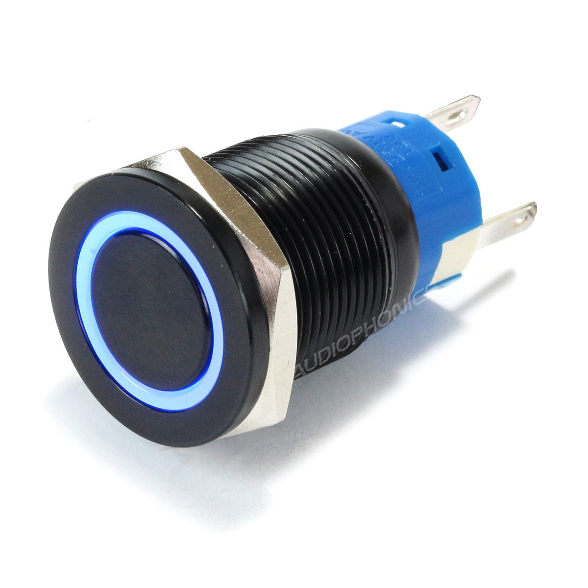 Bouton Poussoir Aluminium Anodisé avec Cercle Lumineux Bleu 1NO1NC 250V 5A Ø19mm Noir