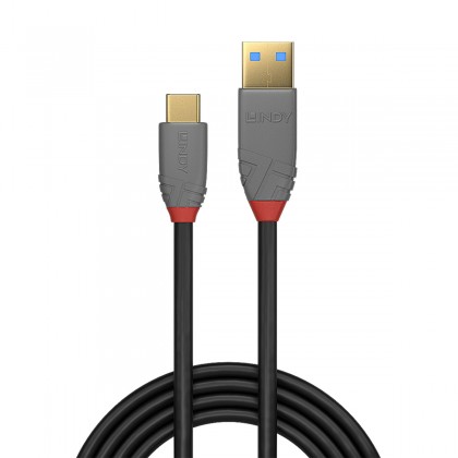 LINDY ANTHRA LINE Câble USB-C 3.1 Mâle vers USB-A 3.0 Mâle Plaqué Or SuperSpeed+ 10Gbps 5A 0.5m