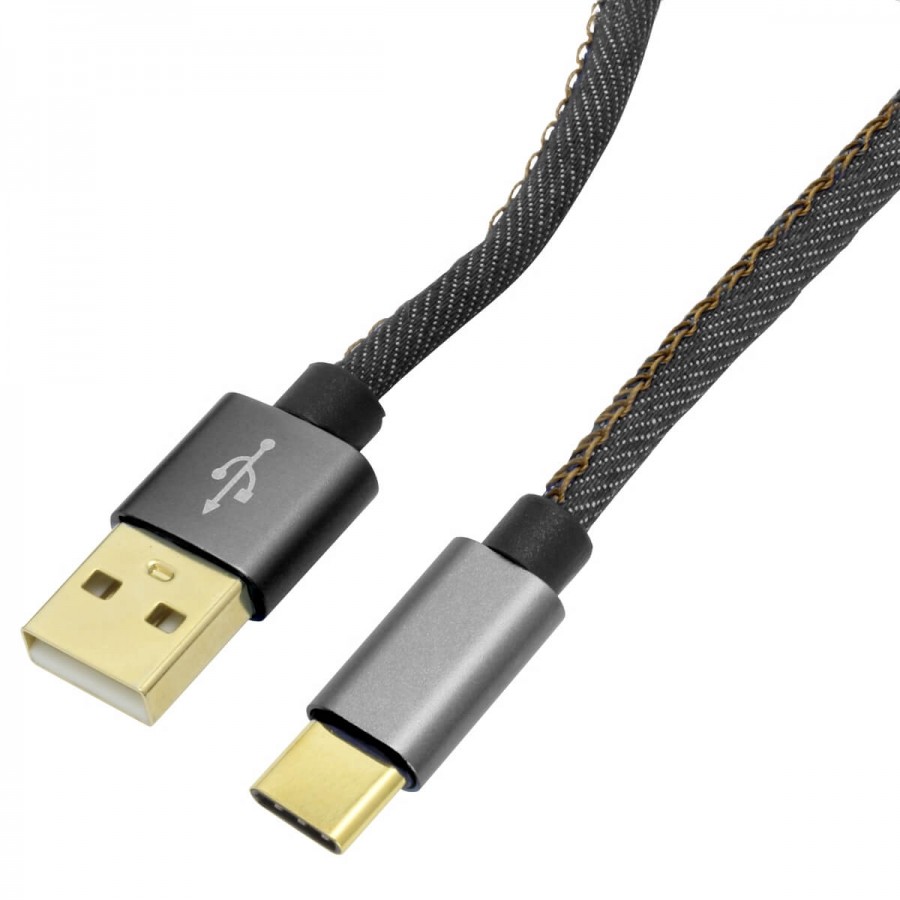 Câble USBA Mâle vers USBC Mâle Plaqué Or Noir Jean 1m Audiophonics