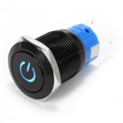 Bouton Poussoir Aluminium Anodisé avec Symbole Power Lumineux Bleu 1NO1NC 250V 5A Ø19mm Noir