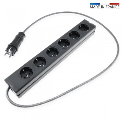 MultiPrise Schuko 6 Ports Aluminium Noir Cablée 1,20m