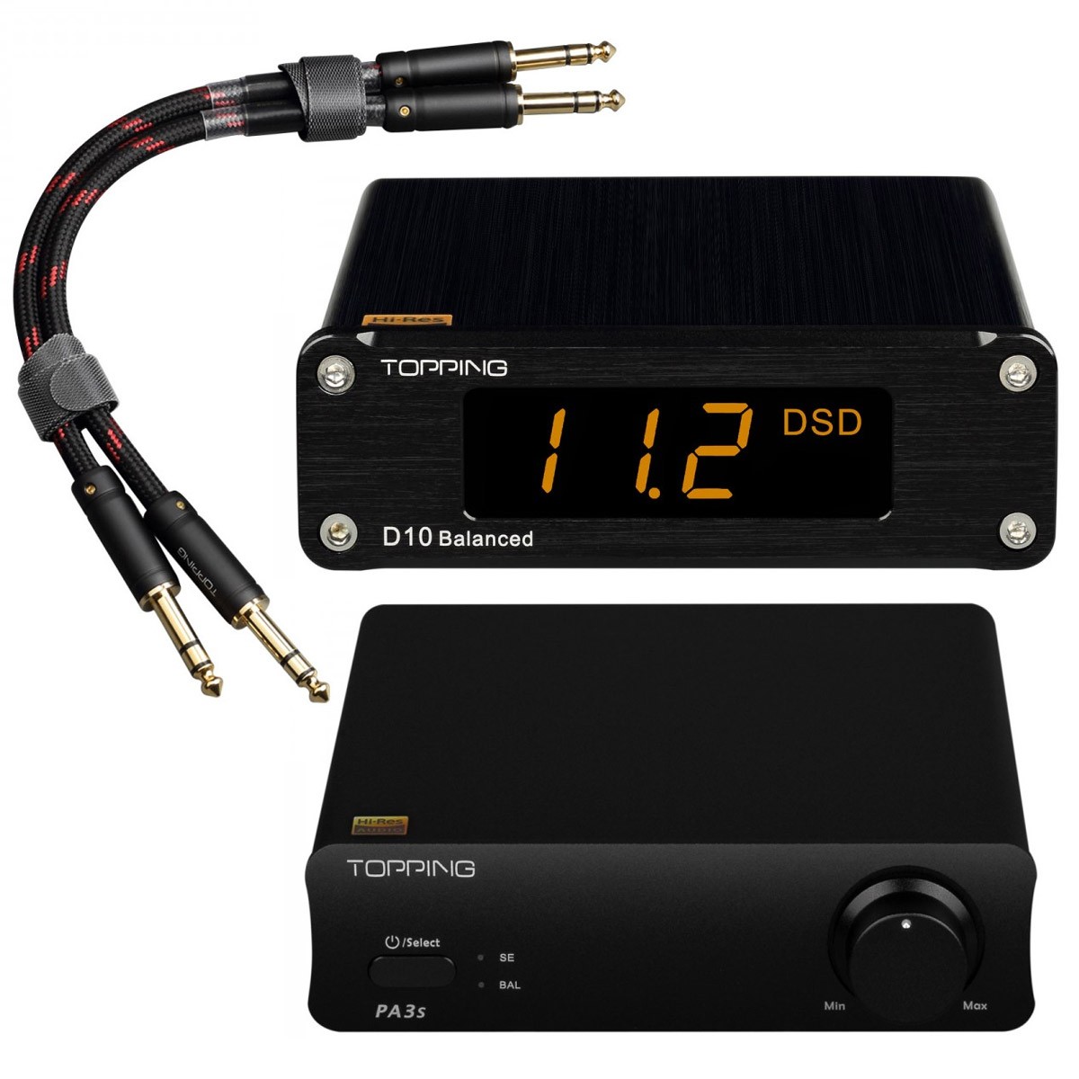 Pack Topping Amplificateur Class D PA3S + DAC Symétrique D10 + Câbles Jack 6.35mm TCT1 Noir