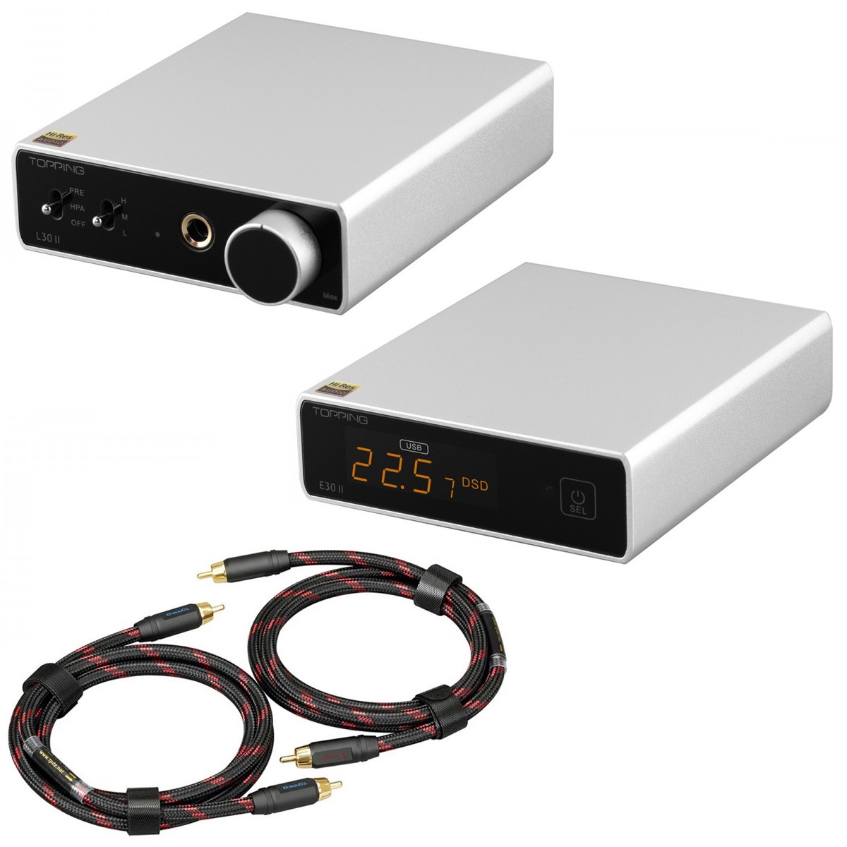 Pack Topping E30 II DAC AK4493S + Topping L30 II Amplificateur Casque NFCA + Topping TCR2 Câble RCA 25cm Silver
