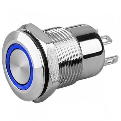 LB Bouton Poussoir Aluminium avec Cercle Lumineux Bleu 220V Ø12mm Argent