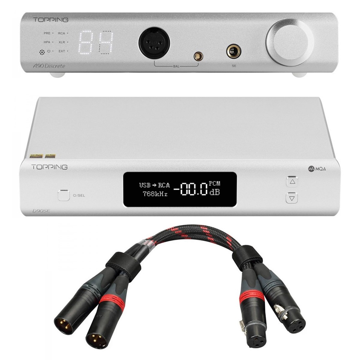 Pack Topping A90 Discrete Headphone Amplifier + D90SE DAC + TCX1 XLR Cables 25cm Silver