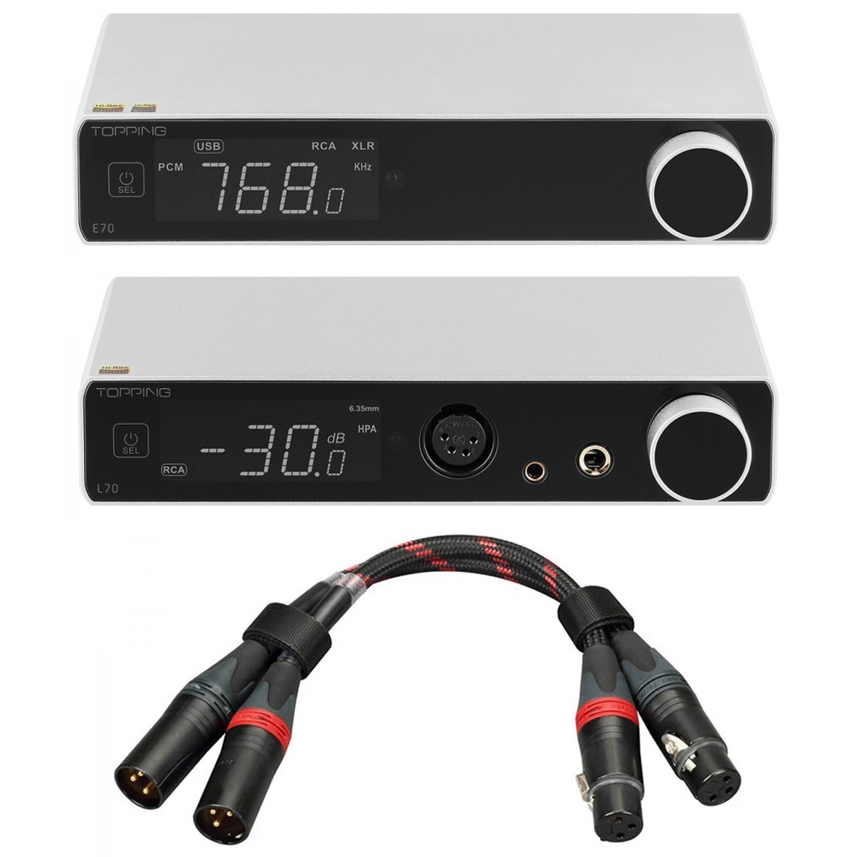Pack Topping Amplificateur Casque L70 + DAC E70 + Câbles XLR TCX1 25cm Argent