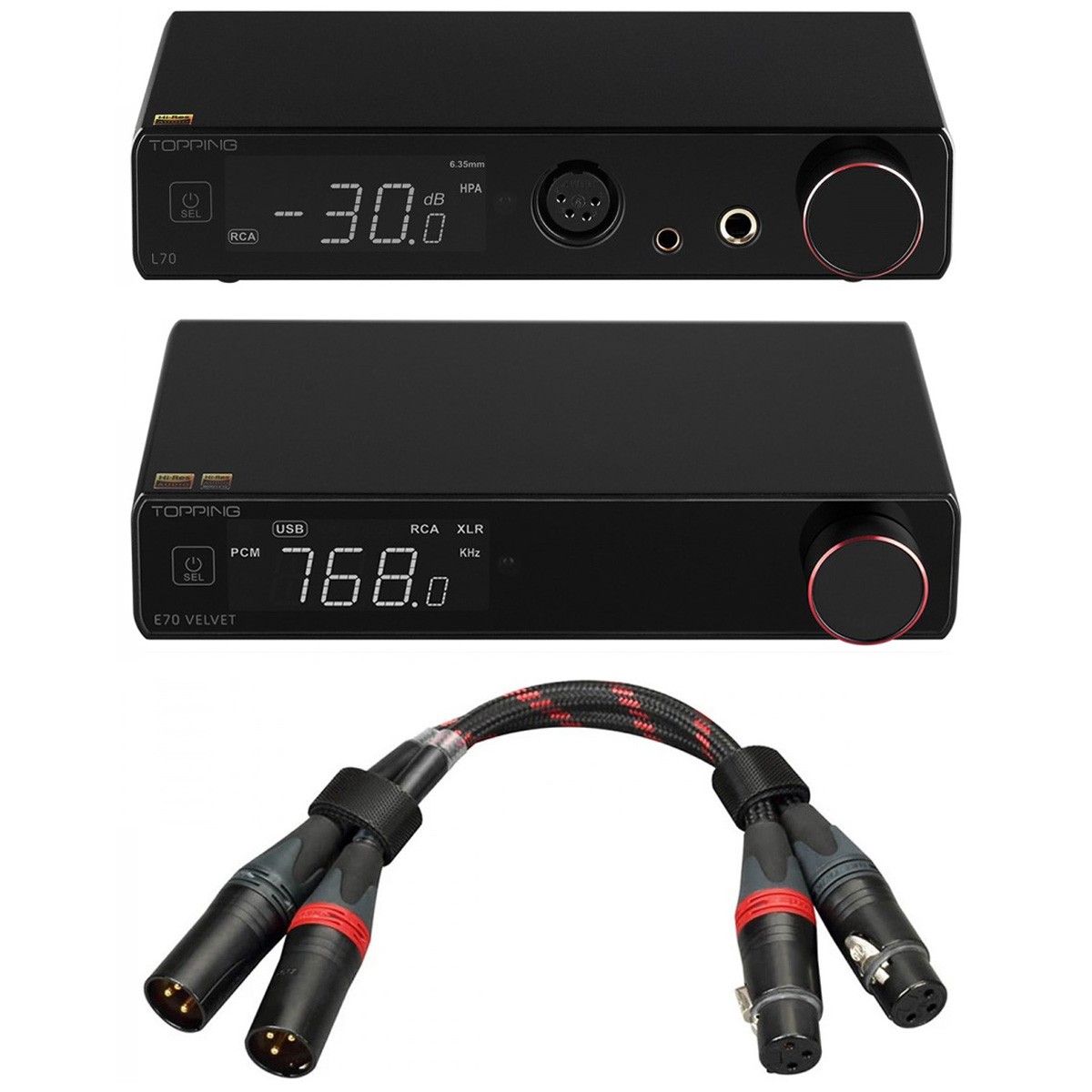 Pack Topping Amplificateur Casque L70 + DAC E70 VELVET + Câbles XLR TCX1 25cm Noir