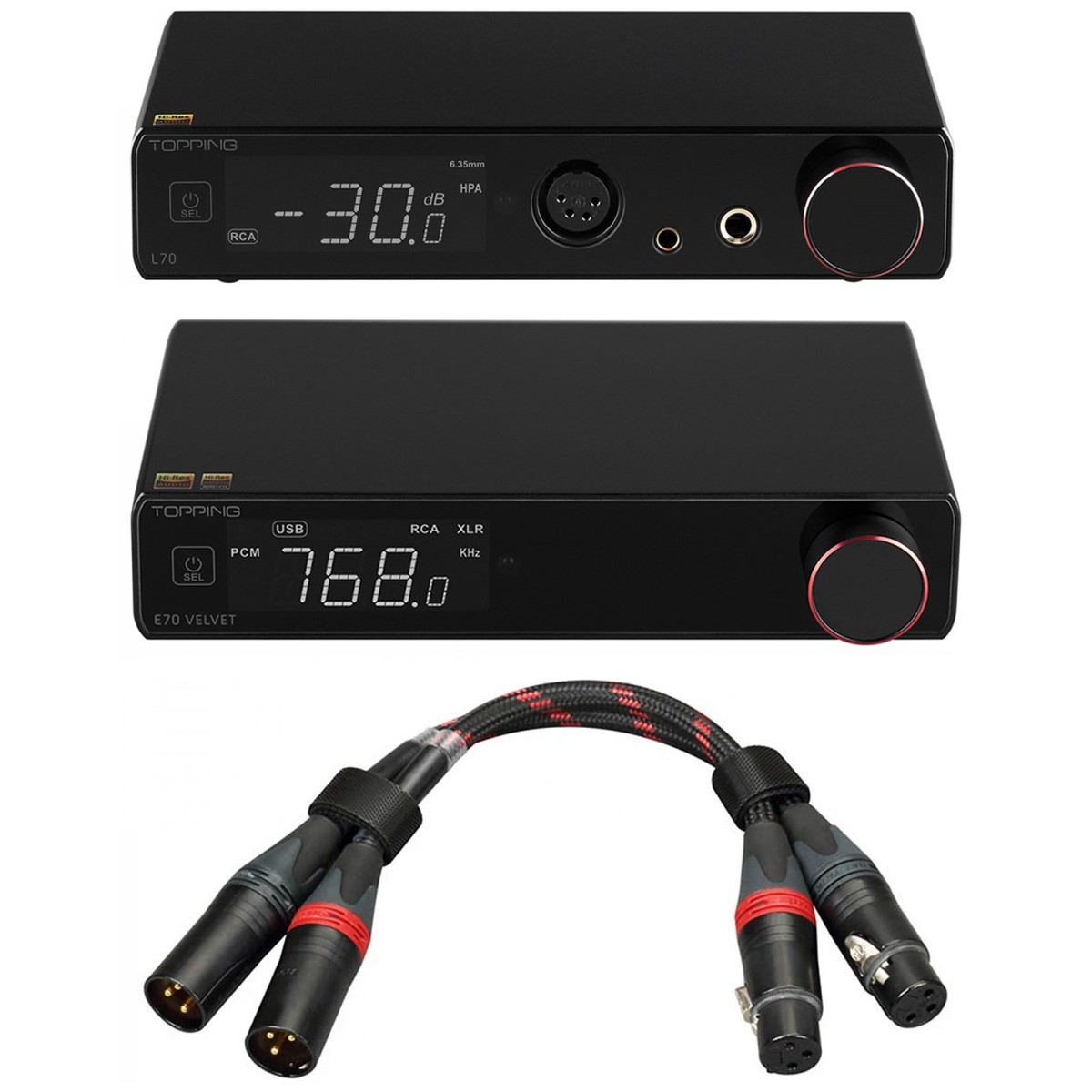 Pack Topping L70 Headphone Amplifier + E70 VELVET DAC + TCX1 XLR Cables 25cm Black