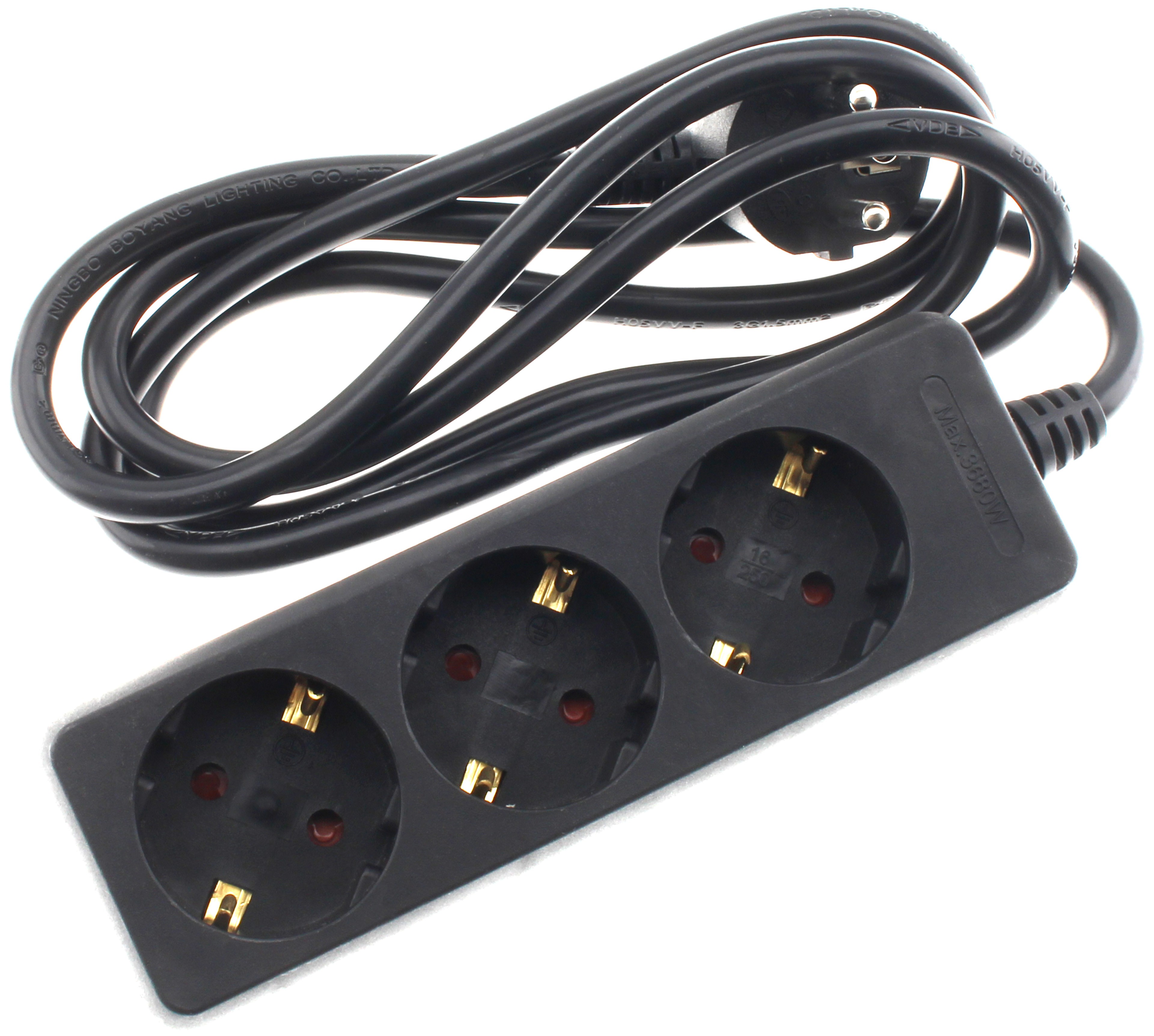 Power Distributor 3 Plugs Schuko Black