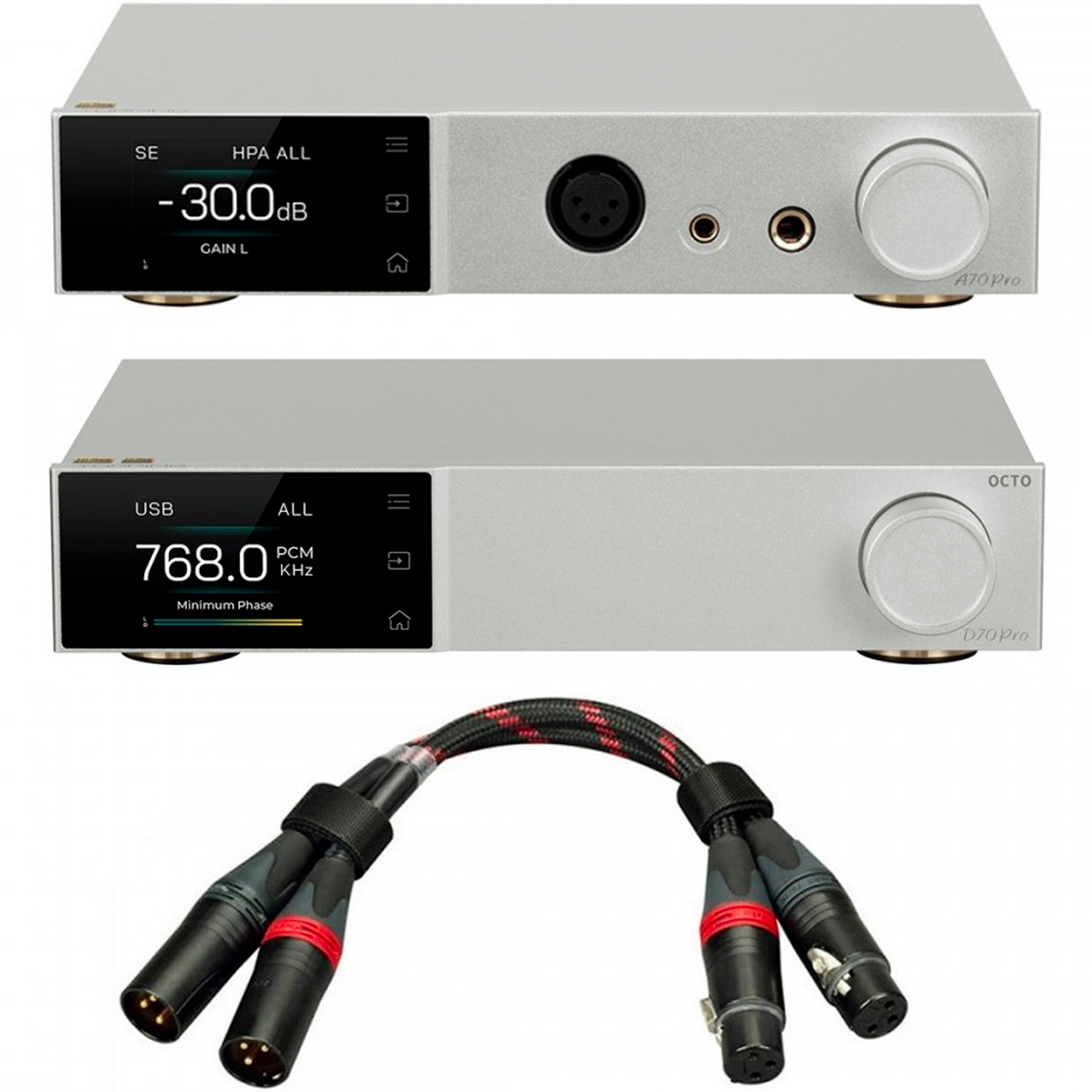 Pack Topping A70 PRO Headphone Amplifier + D70 PRO OCTO DAC + TCX1 XLR Cables 25cm Silver