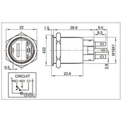 Interrupteur INOX Cercle Rouge 250V 5A Ø19mm