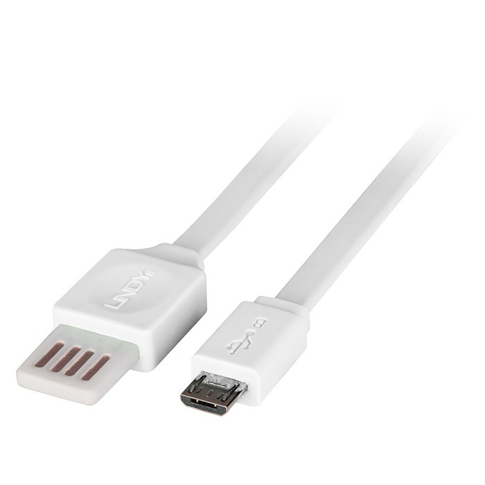 LINDY Câble USB plat Easy Fit USB-A réversible vers micro USB-B 2.0 Blanc 2m