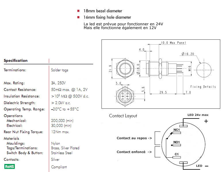 Interrupteur inox argent Cercle lumineux blanc 250V 3A Ø16mm