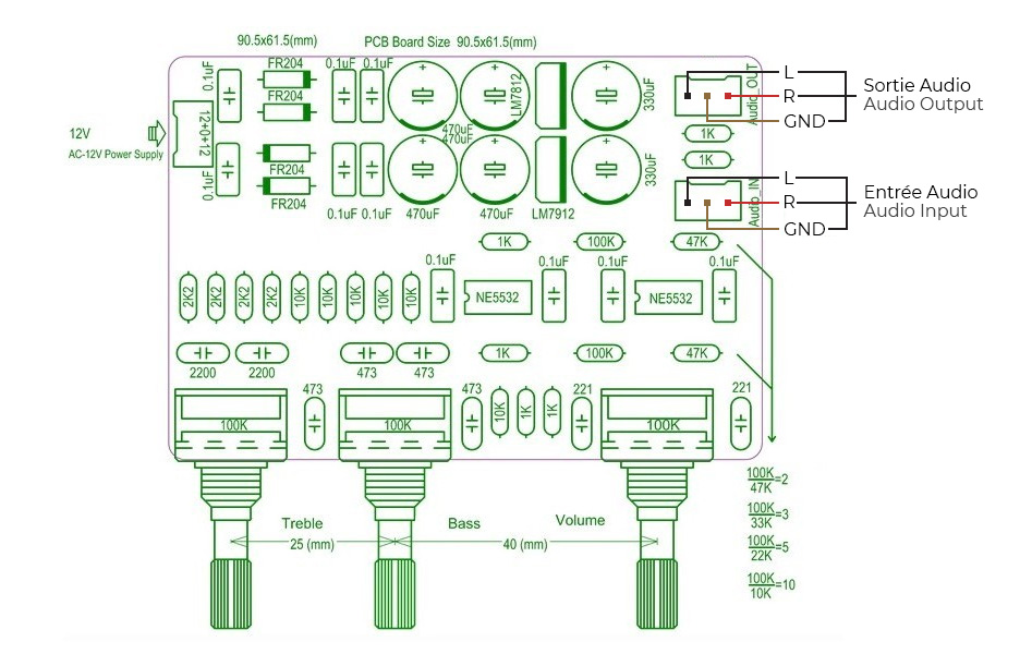 Schéma Module préamplificateur / atténuateur avec contrôlé de tonalité DIP8