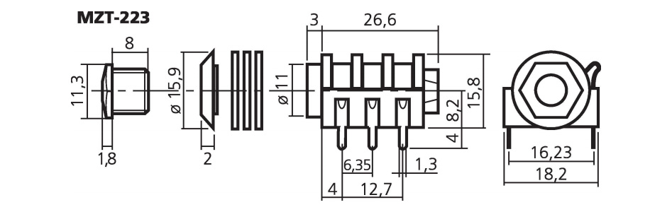 Monacor MZT-223 Embase Jack 6.35mm Stéréo pour CI