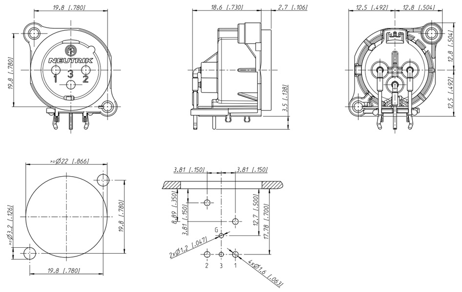 Neutrik NC3MAH Embase XLR Mâle Plaqué Or pour PCB