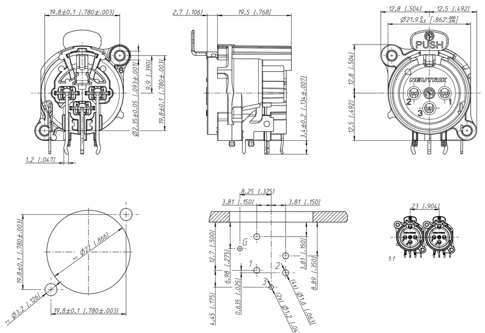 Neutrik NC3FAH2 Embase XLR Femelle Plaqué Or pour PCB