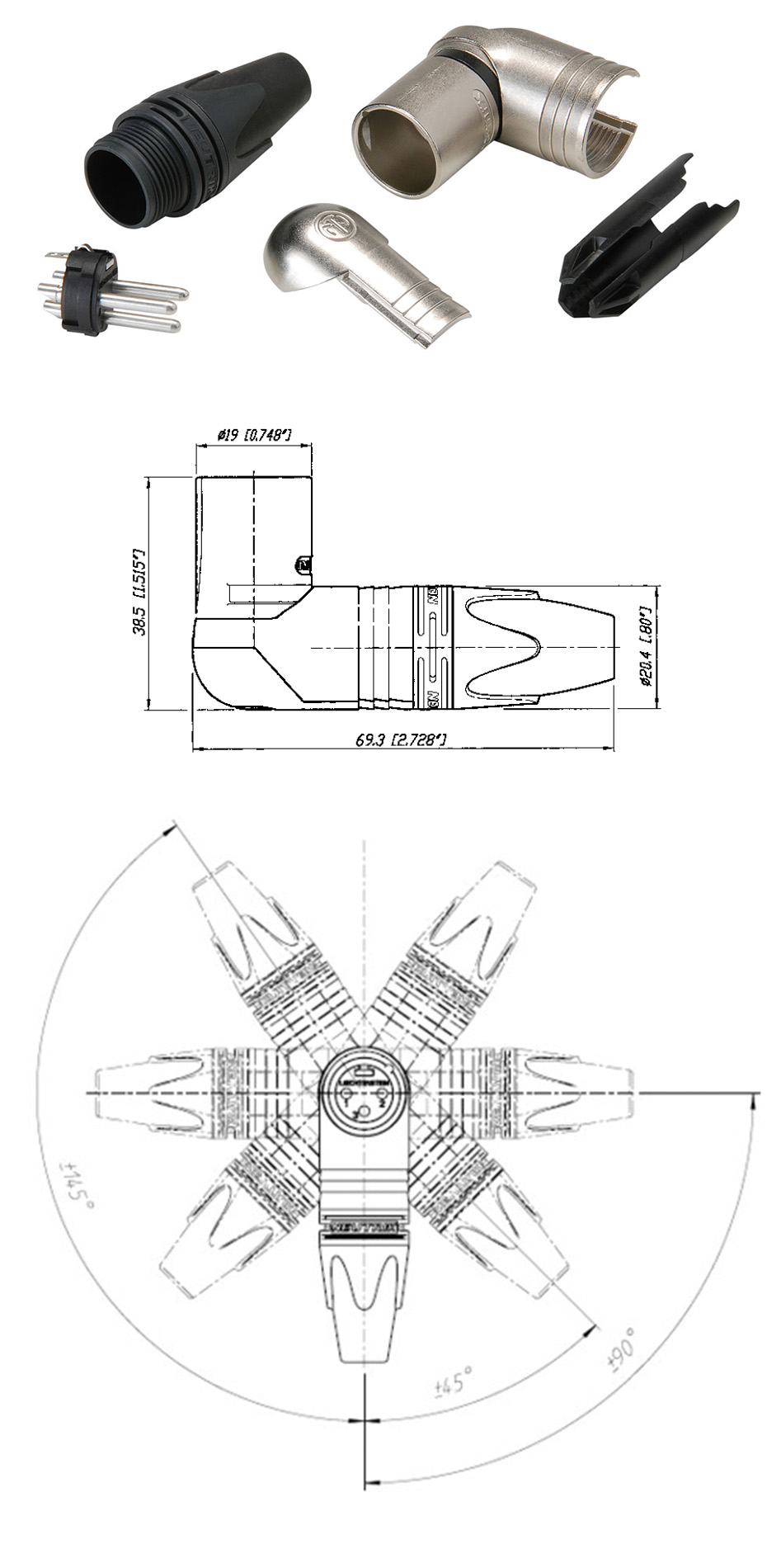 NEUTRIK NC3MRX Connecteur XLR Mâle 3 Pôles Plaqué Argent Coudé 90° Ø8mm (Unité)