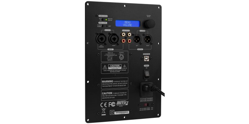 The amplification module subwoofer SPA500DPS front view of this 1 RCA input 1 RCA, 1 XLR input, one output XLR, screen, control knob and tension indicator