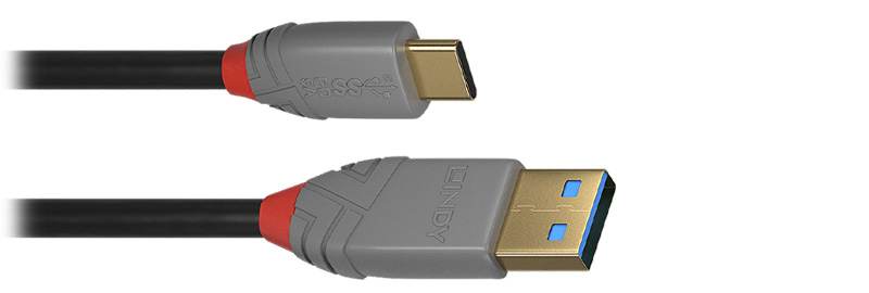 Lindy Anthra Line Câble USB-C 3.1 Mâle vers USB-A 3.0 Mâle Plaqué Or SuperSpeed+ 10Gbps 5A 0.5m