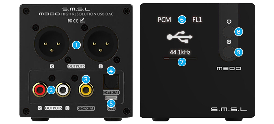 SMSL M300 DAC AKM AK4497 XMOS Double Horloge NDK 32bit 768kHz DSD512 Noir