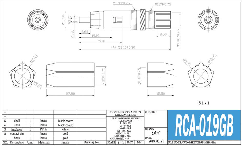 Yarbo RCA-019GB Connecteurs RCA Plaqués Or 24k PTFE Ø7mm (La Paire)