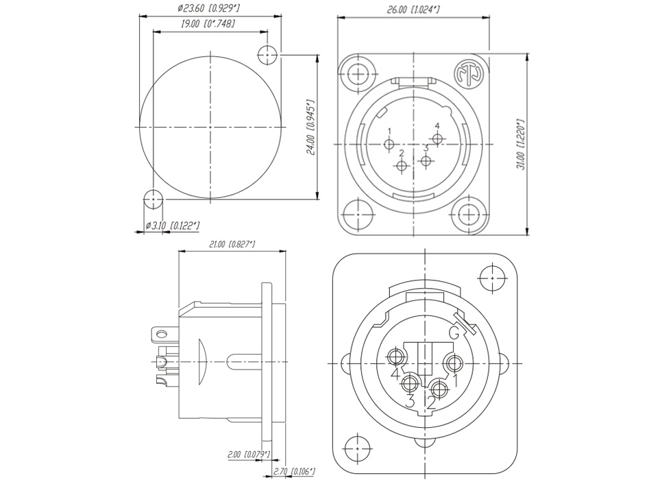 Neutrik NC4MD-L-1 Embase XLR 4 Pôles Mâle Plaqué Argent