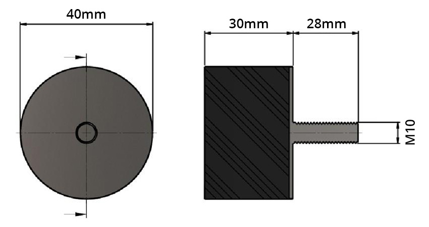 Pied Caoutchouc Amortissant 40x30mm M10 Noir (Unité)