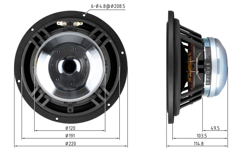 Dayton Audio Epique E220CF-8 Haut-Parleur de Grave Fibre de Carbone 150W 8 Ohm 91.5dB 25Hz - 4500Hz Ø20.3cm