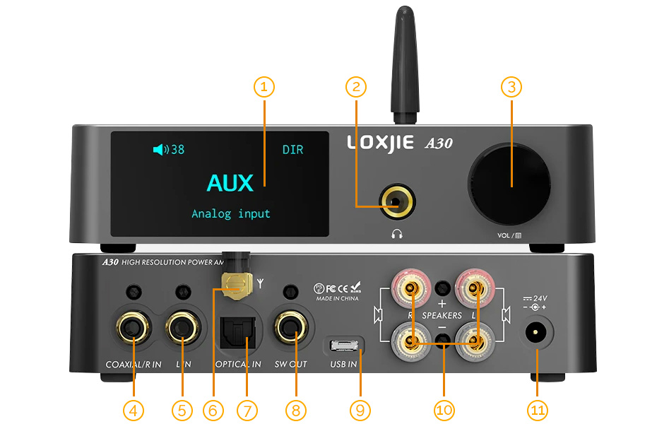 Loxjie A30 Amplificateur Class D Infineon MA12070 Bluetooth 5.0 2x80W 4 Ohm