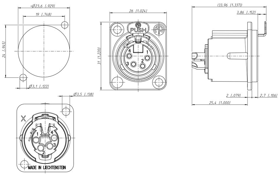 Neutrik NC4FD-LX-B Embase XLR 4 Pôles Femelle Plaqué Or