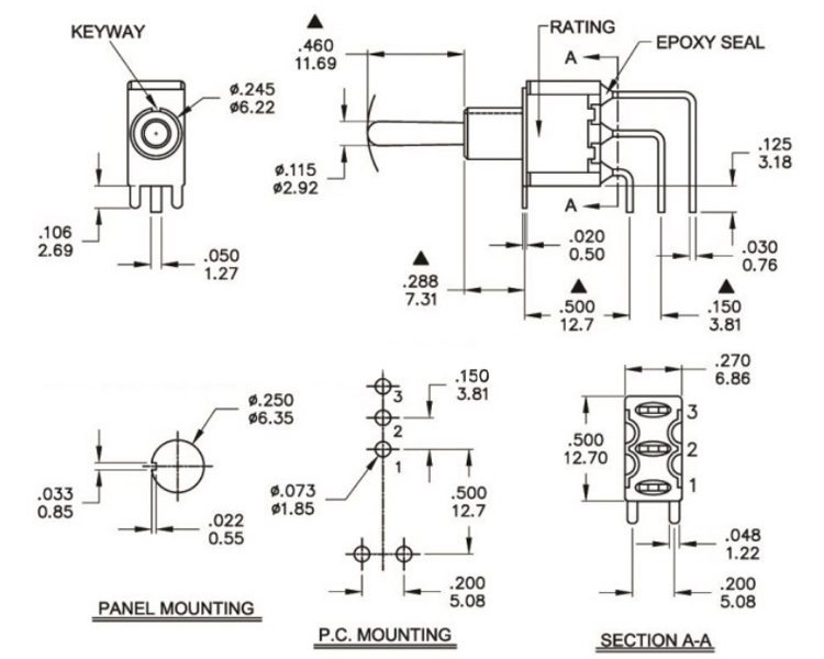 Interrupteur à Bascule 1 Pôle 3 Positions ON-OFF-ON 3 Pins 250VAC 2A / 120VAC 5A