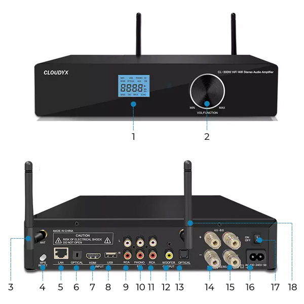 CloudyX CL-300W A98 Amplificateur WiFi DLNA AirPlay2 Bluetooth 5.0 2x275W 4 Ohm