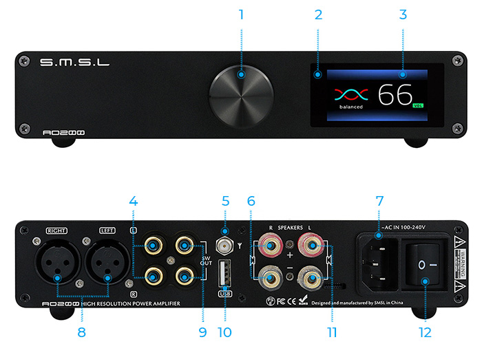 SMSL AO200 Amplificateur Class D Symétrique 2x MA12070 Bluetooth 5.0 2x 90W 4 Ohm