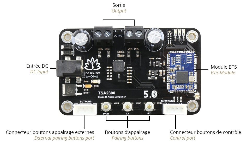 TinySine TSA2300 Module Amplificateur Class D MAX98400A Bluetooth 5.0 2x10W 4 Ohm