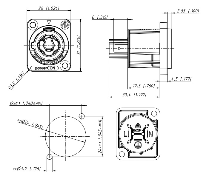 Neutrik NAC3MPXXA Embase Secteur PowerCON 20Axxx